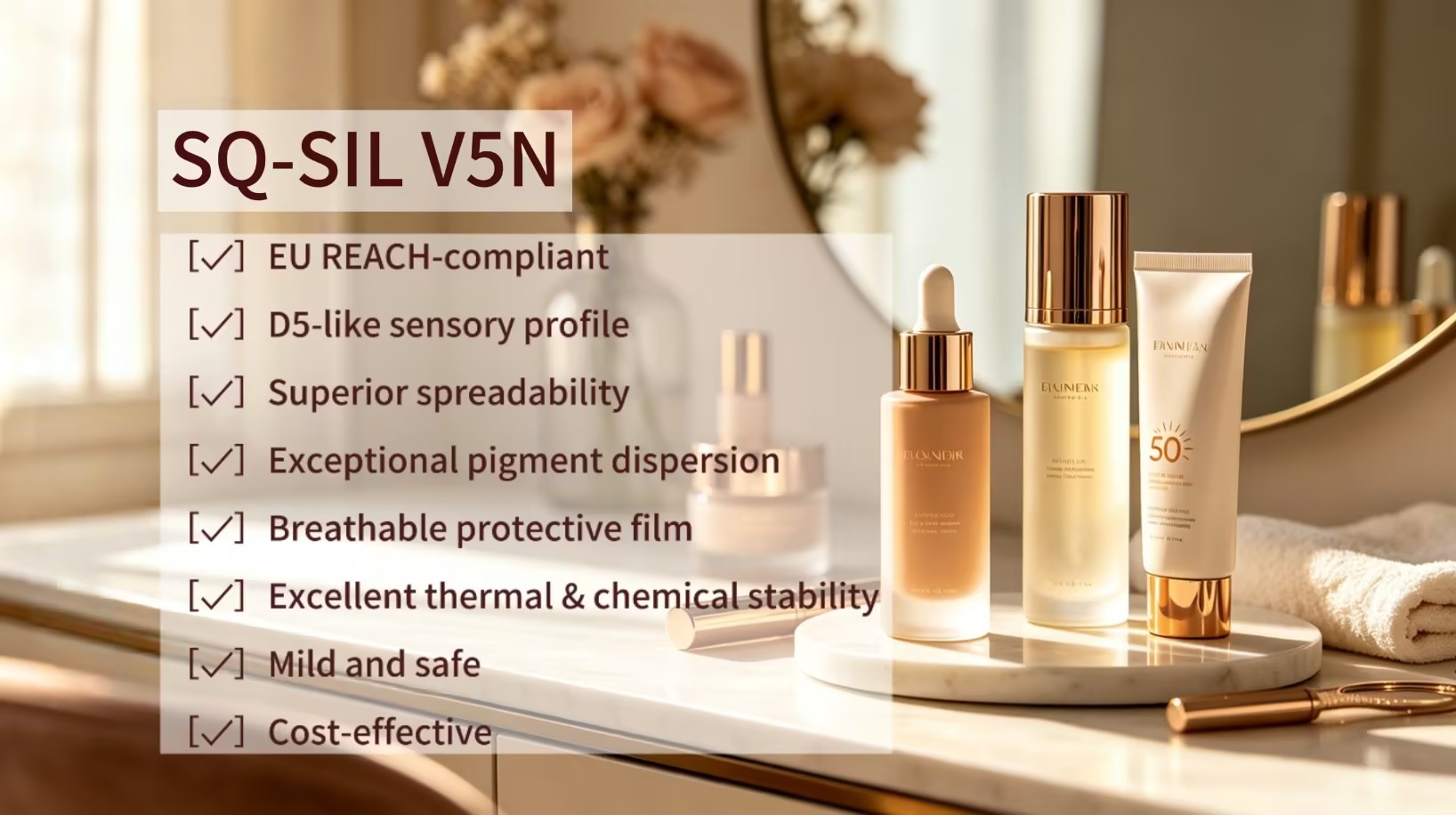 SQ-SIL V5N: Chất thay thế D5 hiệu quả về mặt chi phí, tuân thủ REACH của EU, hoạt động tốt hơn Dimethicone 1,5cst